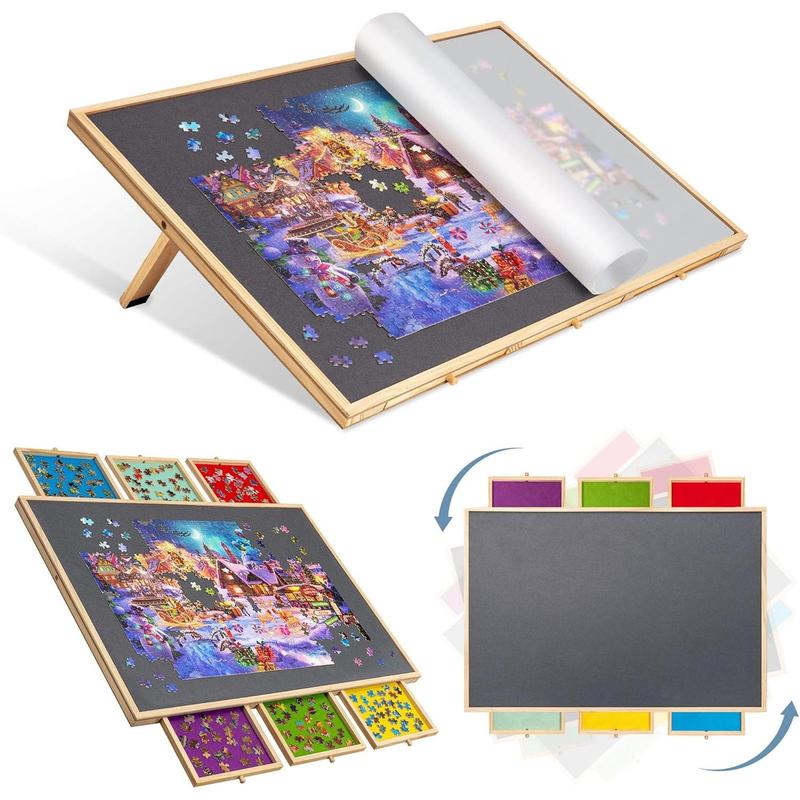 2-in-1 Tilting & Rotating Puzzle Board with 6 Colored Drawers & Cover, Portable Jigsaw Puzzle Table for Adults, Wooden Swivel Puzzle Plateau with Non-Slip Tabletop for Up to 1500 count