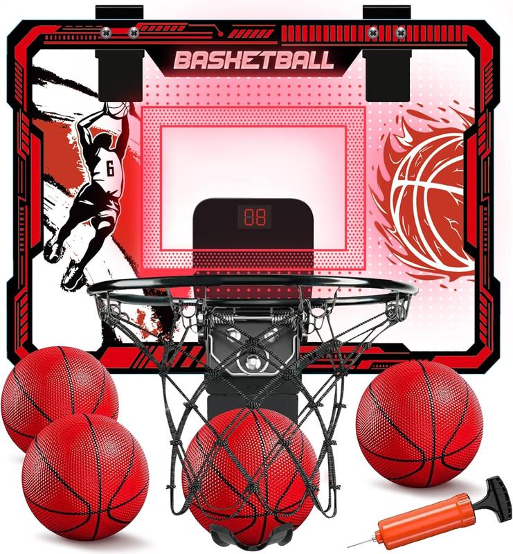 Basketball Hoop Indoor, Over The Door Basketball Hoops with LED Lighting, Mini Hoop with Electronic Scoreboard, 4 Balls & Pump, Basketball Gifts for 5 6 7 8 9 10 11 12 Year Old Boys Girls