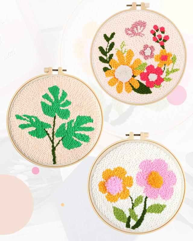 3 Set Punch  Embroidery Starter Kits Include Instruction, Punch  Fabric with Pattern, Yarns, Embroidery Hoops for Rug-Punch & Pinch